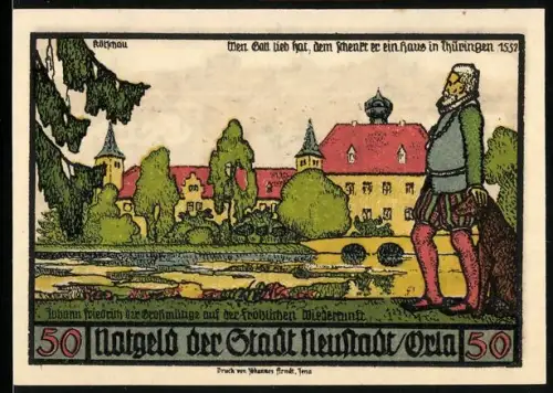 Notgeld Neustadt /Orla 1921, 50 Pf., Schlossansicht und Handwerkszunft-Symbole mit Stadtwappen
