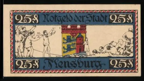 Notgeld Flensburg 1921, 25 Pfennig, Stadtwappen und historische Szene mit Figuren