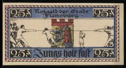 Notgeld Flensburg 1920, 25 Pfennig, Tauziehende Männer vor einer Burg mit Frau