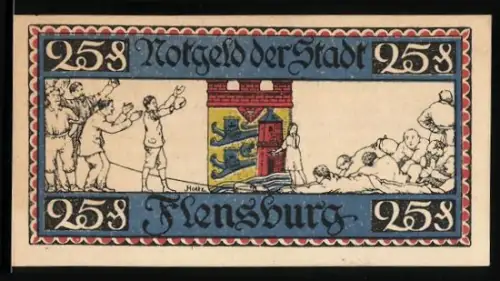 Notgeld Flensburg 1920, 25 Pfennig, Menschenmenge und Wappen mit Turm