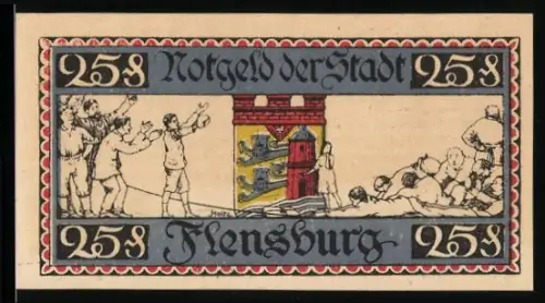Notgeld Flensburg 1920, 25 Pfennig, Menschen vor Tor und Stadtwappen