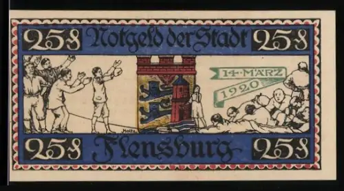 Notgeld Flensburg 1920, 25 Pfennig, Menschenmenge und Stadtsiegel