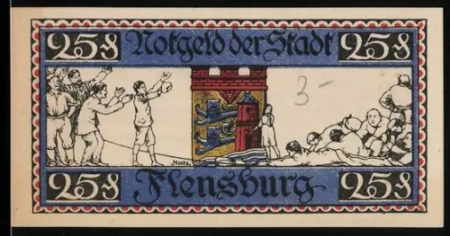 Notgeld Flensburg 1920, 25 Pfennig, Menschenmenge und Wappen im Turm