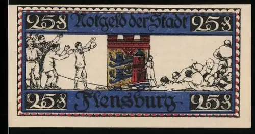 Notgeld Flensburg 1921, 25 Pfennig, Szenen mit Menschen und Wappen im roten Tor