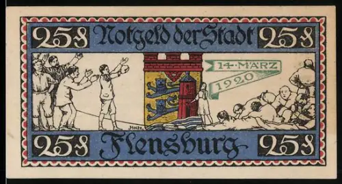 Notgeld Flensburg 1920, 25 Pfennig, Wappen und Szene mit Menschenmenge am Tor