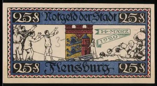 Notgeld Flensburg 1920, 25 Pfennig, historisches Ereignis und Wappen