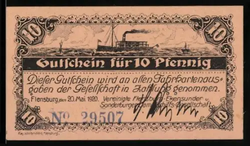 Notgeld Flensburg 1920, 10 Pfennig, Dampfschiff auf Wasser mit Ziermuster