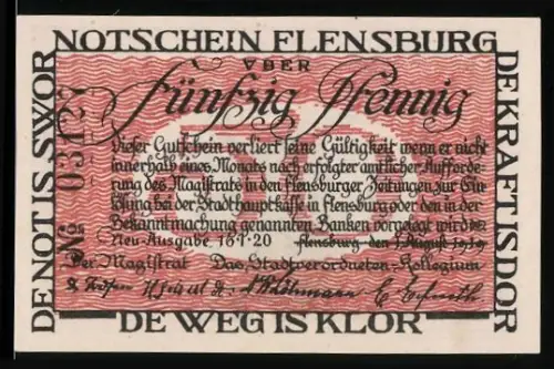 Notgeld Flensburg 1920, 50 Pfennig, Familie an Grenze Deutschland-Dänemark
