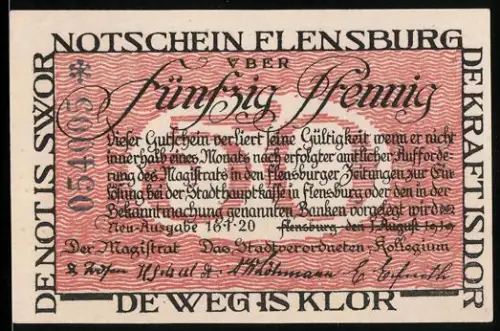 Notgeld Flensburg 1920, 50 Pfennig, Familie an Grenzpfahl zwischen Deutschland und Dänemark