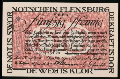 Notgeld Flensburg 1920, 50 Pfennig, Grenzmotiv Deutschland-Dänemark, 14. März 1920