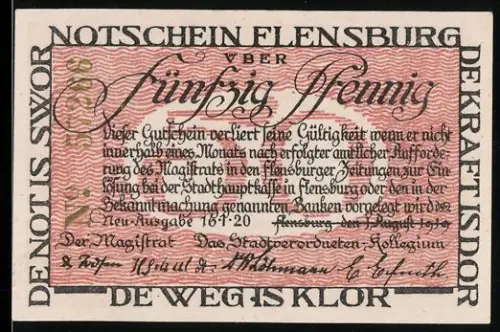 Notgeld Flensburg 1920, 50 Pfennig, Menschen am Grenzpfahl zwischen Deutschland und Dänemark
