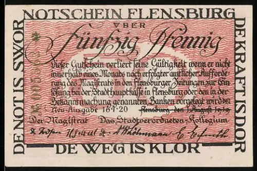 Notgeld Flensburg 1920, 50 Pfennig, Grenzmotiv Deutschland-Dänemark mit Datum 14.3.1920