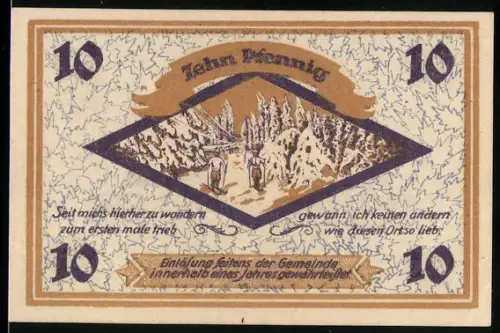Notgeld Friedrichroda i. Thür., 10 Pfennig, Winterlandschaft und Stadtwappen mit Bergmann