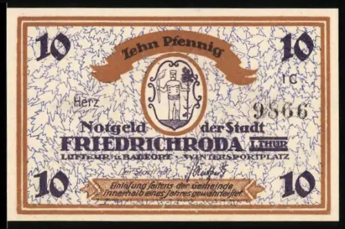 Notgeld Friedrichroda i. Thür, 10 Pfennig, Stadtwappen und verschneite Winterlandschaft