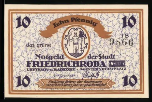 Notgeld Friedrichroda i. Thür., 10 Pfennig, Wappen und Winterlandschaft mit Skifahrern