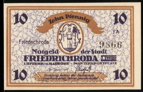 Notgeld Friedrichroda /Thür, 10 Pfennig, Wappen und Winterlandschaft mit Bäumen und Reitern