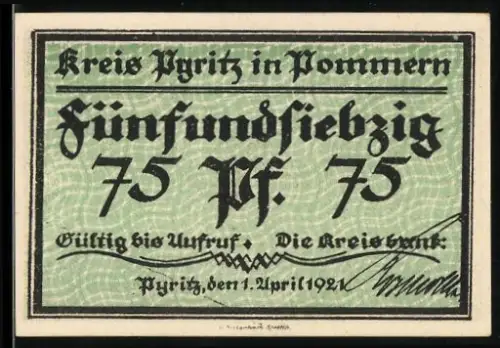 Notgeld Pyritz i. Pommern 1921, 75 Pf, Otto von Bamberg und Burgansicht