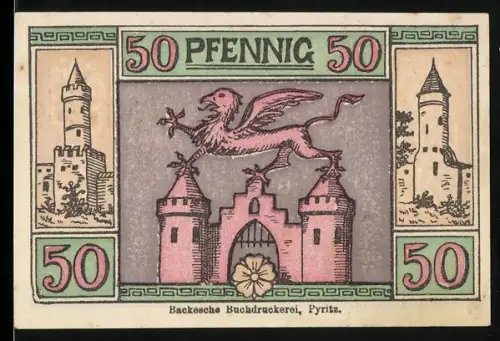 Notgeld Pyritz 1921, 50 Pfennig, Greif über Tor mit Türmen und zwei Burgen