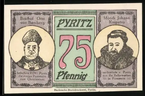 Notgeld Pyritz 1921, 75 Pfennig, Bischof Otto von Bamberg und Mönch Johann Knipstro