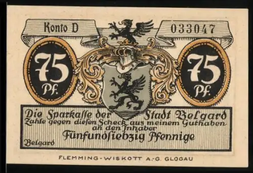 Notgeld Belgard, 75 Pfennig, Wappen mit Greif und das Hohe Tor