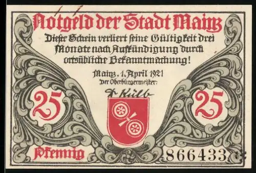 Notgeld Mainz 1921, 25 Pfennig, Wappen und römischer Legionärshelm