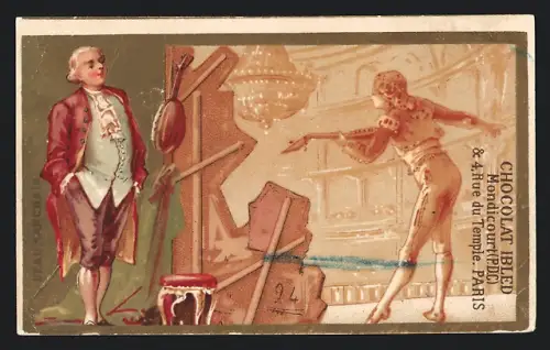 Sammelbild Chocolat Ibled, Paris, Rue de Temple 4, Mann mit Laute auf einer Bühne