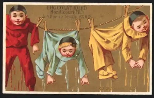 Sammelbild Chocolat Ibled, Paris, Rue de Temple 4, Pierrots sind zum Trocknen aufgehängt