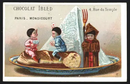 Sammelbild Chocolat Ibled, Paris, Rue du Temple 4, Kinder spielen Karten auf einem Brot