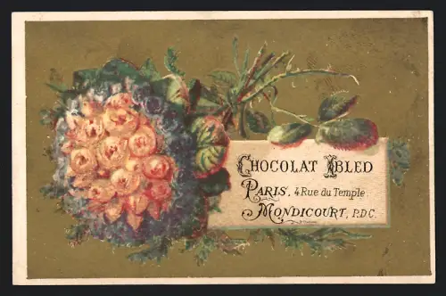 Sammelbild Chocolat Ibled, Paris, Rue du Temple 4, Strauss mit Rosen und blauen Blumen
