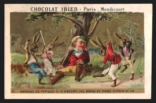 Sammelbild Chocolat Ibled, Paris, Rue du Temple 4, Hasen mit Gewehren tanzen um einen schlafenden Jäger