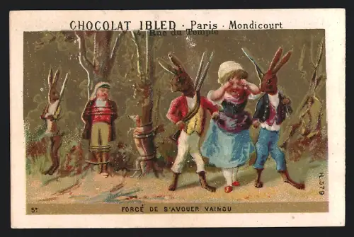 Sammelbild Chocolat Ibled, Paris, Rue du Temple 4, Hasen mit Gewehren haben einen Mann an einem Baum gefesselt
