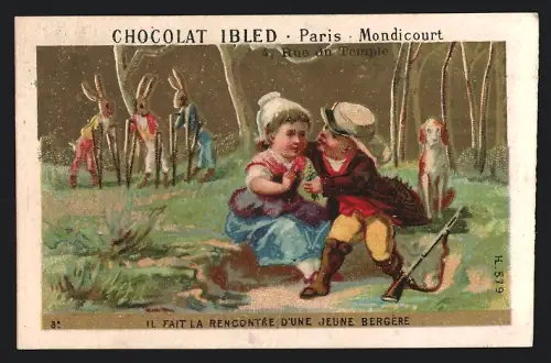 Sammelbild Chocolat Ibled, Paris, Rue du Temple 4, Hasen beobachten einen Jäger