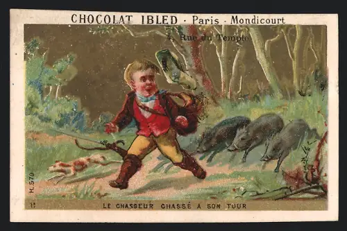 Sammelbild Chocolat Ibled, Paris, Rue du Temple 4, Jäger wird von Wildschweinen gejagt