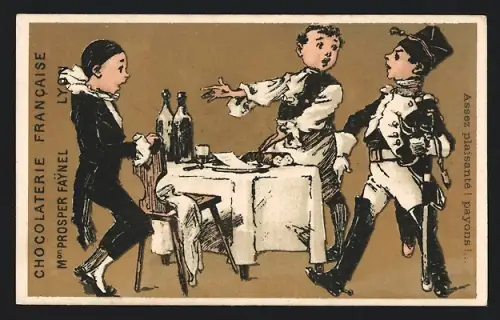 Sammelbild Chocolaterie Francaise Prosper Faynel, Lyon, Soldat läuft zu einem Tisch