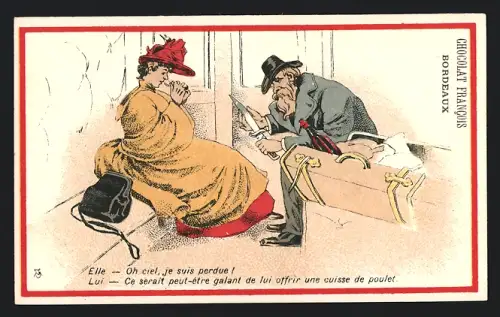 Sammelbild Chocolat Francois, Bordeaux, Mann mit Messer im Zugabteil