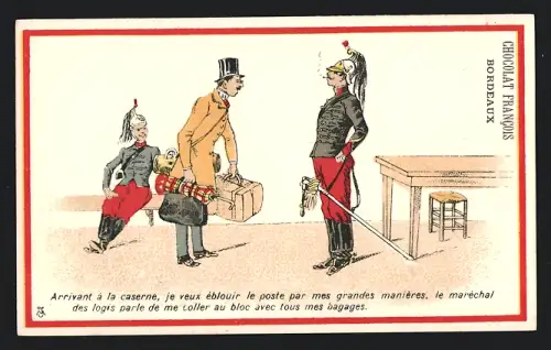 Sammelbild Chocolat Francois, Bordeaux, Mann mit zwei Soldaten