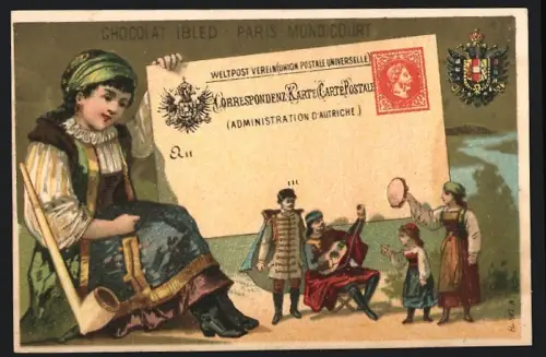 Sammelbild Chocolat Ibled, Paris, Dame in österr. Tracht, Österr. Wappen