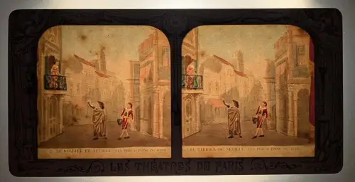 Stereo-Fotografie Adolphe Block, Paris, Le Barbier de Seville, les Precautions. Halt gegen das Licht / Hold to Light