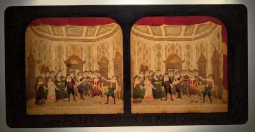 Stereo-Fotografie Adolphe Block, Paris, Le Barbier de Seville, Billet de Logement, Halt gegen das Licht / Hold to Light