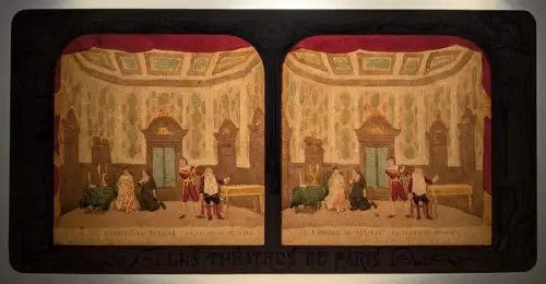 Stereo-Fotografie Adolphe Block, Paris, Le Barbier de Seville, Lecon de Musique, Halt gegen das Licht / Hold to Light