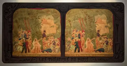 Stereo-Fotografie Adolphe Block, Paris, Le Etrangleurs, la Trahison, Halt gegen das Licht / Hold to Light
