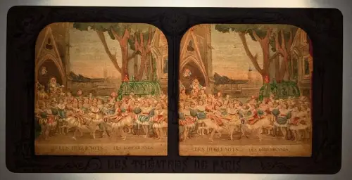 Stereo-Fotografie Adolphe Block, Paris, Les Huguenots, les Bohemiennes, Halt gegen das Licht / Hold to Light