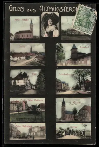 AK Altmünsterol, Kath. Kirche, Bahnhof, Partie beim Rathaus, Grenze