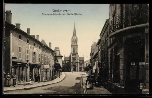 AK Grossmövern, Grammontstrasse mit Kath. Kirche