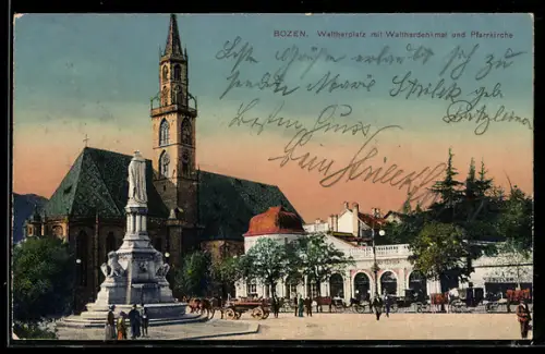 AK Bozen, Waltherplatz mit Waltherdenkmal und Pfarrkirche