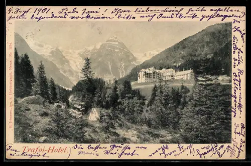 AK Trafoi, Trafoi-Hotel mit Ausblick auf das Hochgebirge