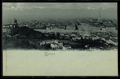 Mondschein-AK Torino, Veduta panoramica della città con la Mole Antonelliana sullo sfondo