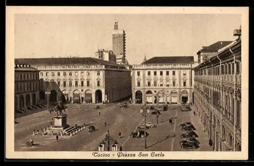 AK Torino, Piazza San Carlo con statua e edifici storici