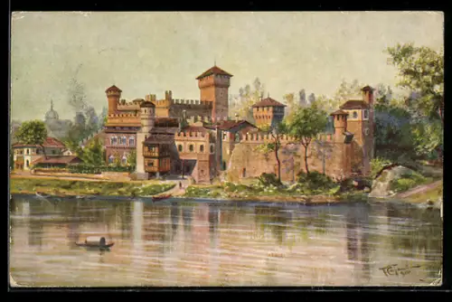 Künstler-AK Torino, Castello Medioevale sul fiume Po