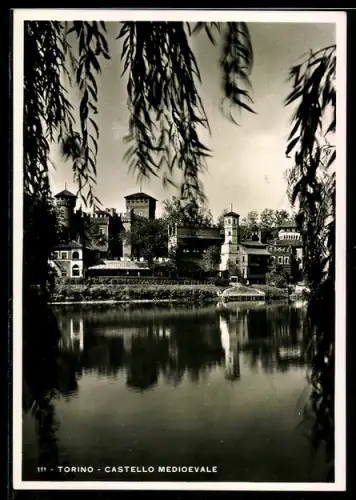 AK Torino, Castello Medioevale visto dal fiume Po attraverso i rami degli alberi